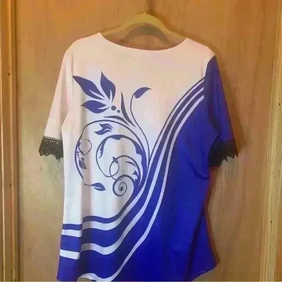 rosegal plus size tops 1X Blue With Lace Short Sleeve Crew Neck - Picture 7 of 13